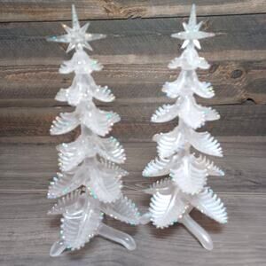 Vintage Frosted Plastic Christmas Tree 9" Figurines Glitter Tip Taiwan SET OF 2